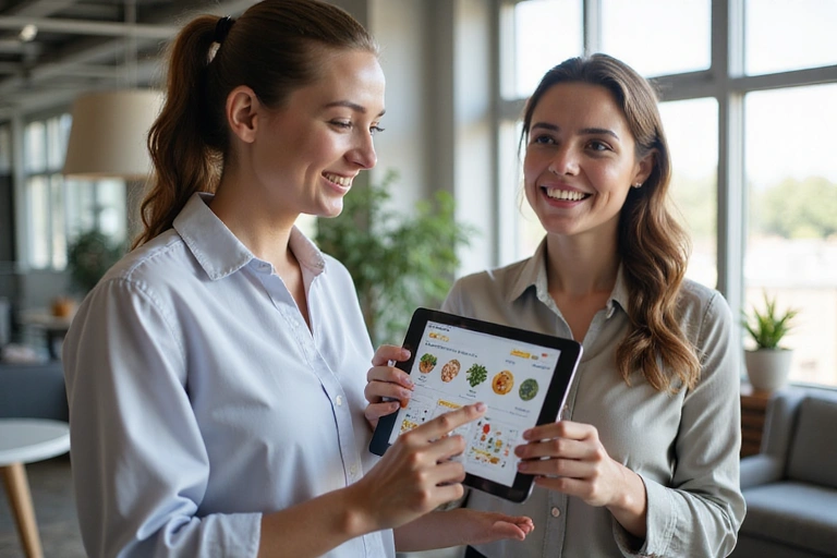 Nutritionist consulting with a client, showing a healthy meal plan