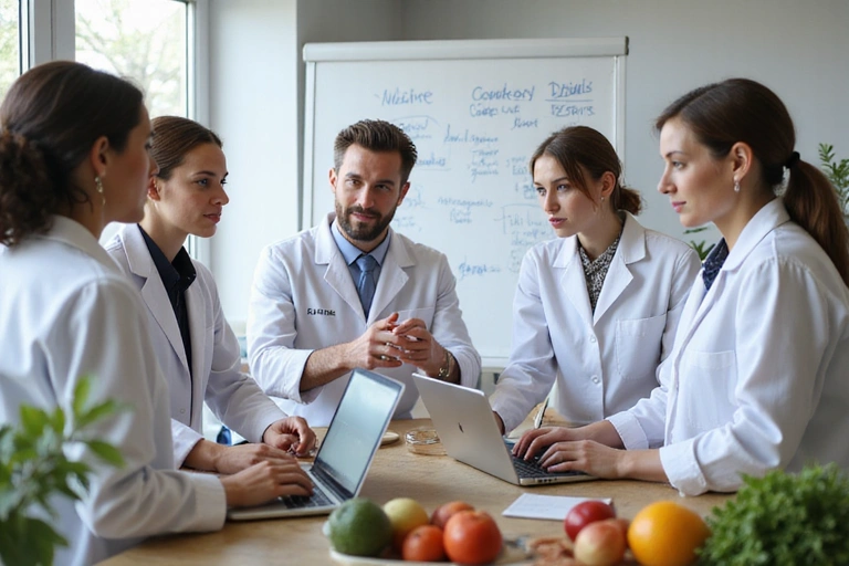 Team of nutritionists collaborating and discussing a case