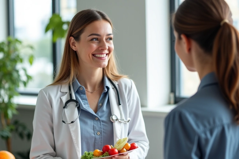 Professional nutritionist consulting with a client in a modern office