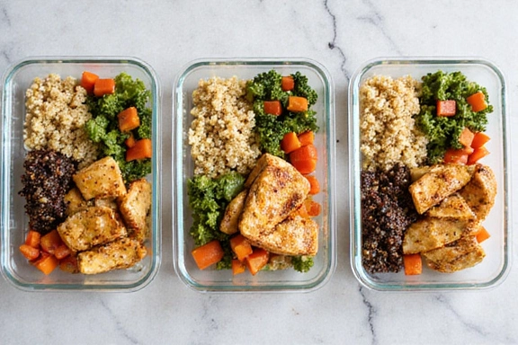 A beautifully arranged meal prep containers with healthy food, symbolizing personalized meal plans.