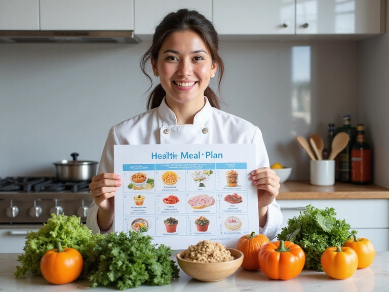 Chef preparing a healthy meal with fresh ingredients, showing a meal plan