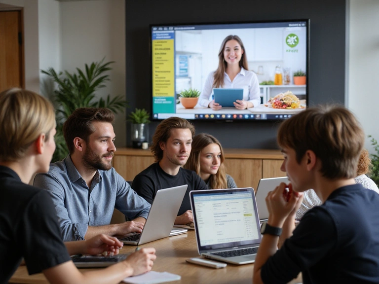 Group of people attending a nutrition webinar, engaged and learning